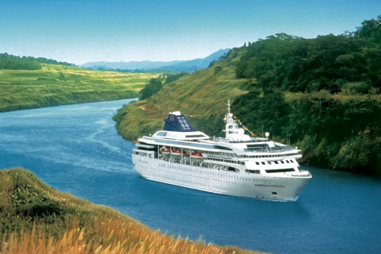 Gemini hat gesagt Ein weißes Kreuzfahrtschiff mit dunkelblauem Schornstein fährt auf einem blauen Fluss durch eine üppige, grüne Hügellandschaft.