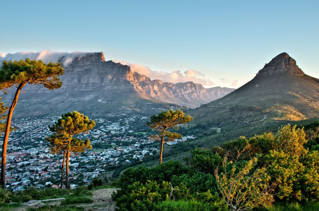Panorama von Kapstadt mit dem flachen Tafelberg unter tiefen Wolken und dem spitzen Lion’s Head im Abendlicht. Im Vordergrund grüne Bäume.